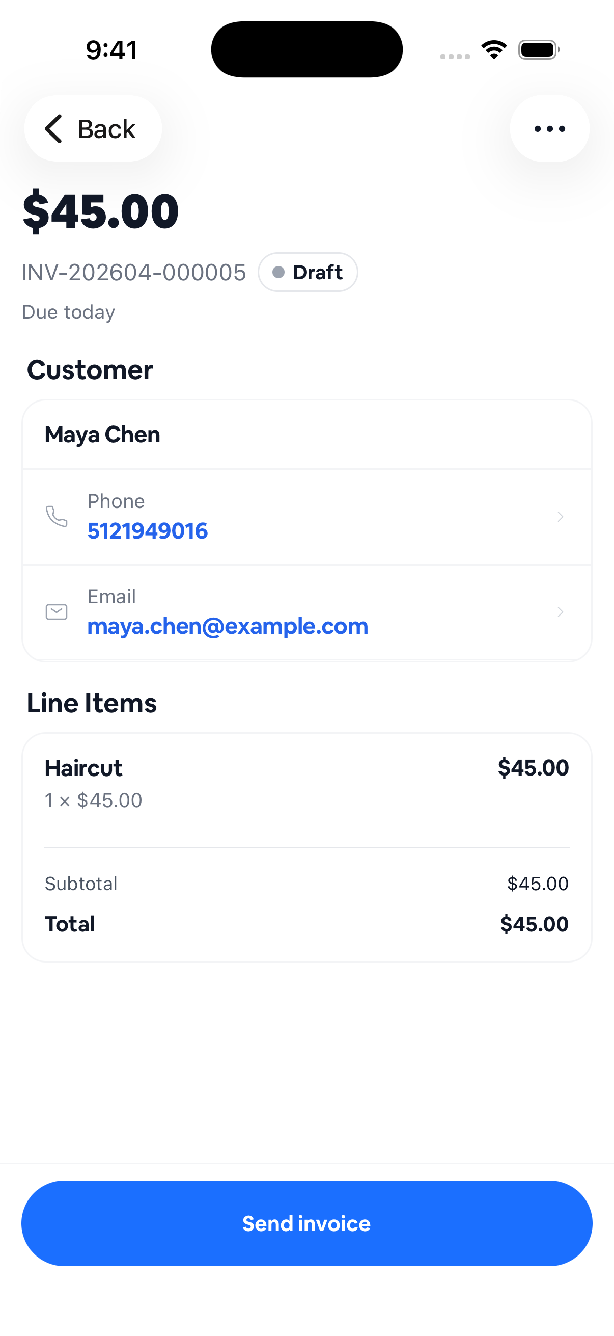 Send an invoice when you're done, mobile view