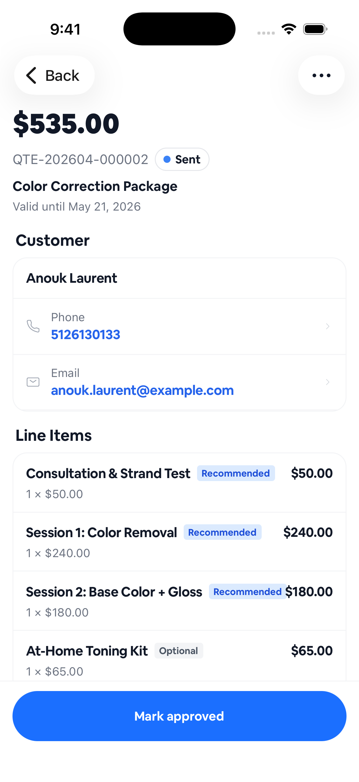 From quote to paid in three taps, mobile view